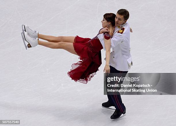 Ekaterina Bobrova and Dimitri Soloviev of Russia perform during Ice Dance Free Dance on day four of the ISU European Figure Skating Championships...