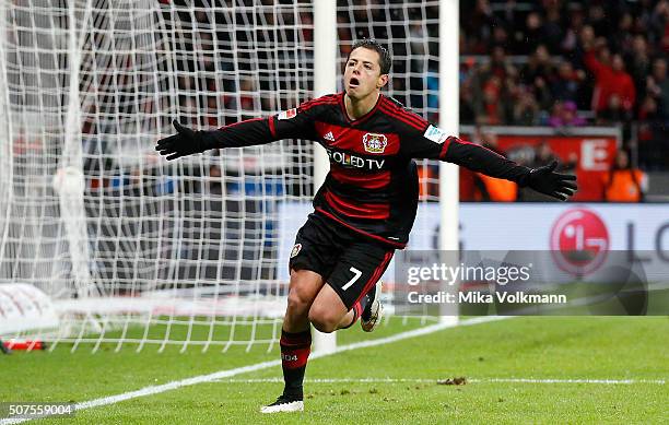 Javier Hernandez Chicharito of Leverkusen celebrates scoring the 3:0 during the Bundesliga match between Bayer Leverkusen and Hannover 96 at BayArena...