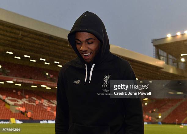 Jerome Sinclair of Liverpool arrives before the The Emirates FA Cup Fourth Round between Liverpool and West Ham United at Anfield on January 30, 2016...