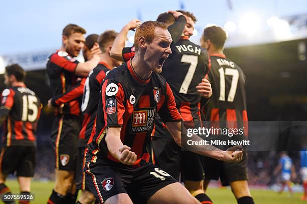 Shaun MacDonald of Bournemouth celebrates his team's second goal as Marc Pugh is congratulated by his team mates during the Emirates FA Cup Fourth...