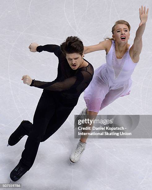 Alexandra Stepanova and Ivan Bukin of Russi perform during Ice Dance Free Dance on day four of the ISU European Figure Skating Championships 2016 on...