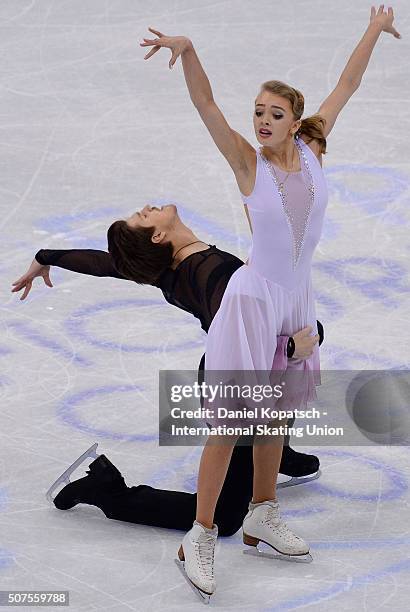 Alexandra Stepanova and Ivan Bukin of Russi perform during Ice Dance Free Dance on day four of the ISU European Figure Skating Championships 2016 on...