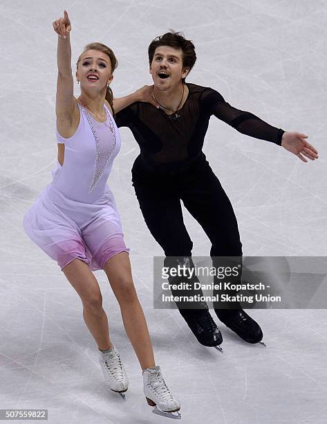 Alexandra Stepanova and Ivan Bukin of Russi perform during Ice Dance Free Dance on day four of the ISU European Figure Skating Championships 2016 on...