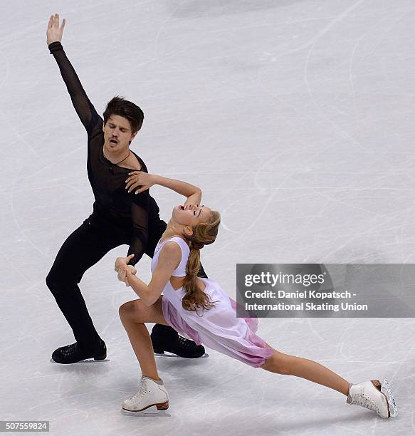 Alexandra Stepanova and Ivan Bukin of Russi perform during Ice Dance Free Dance on day four of the ISU European Figure Skating Championships 2016 on...