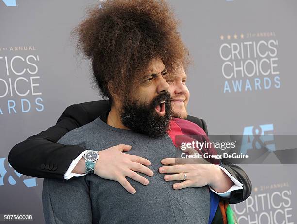 Comedian Reggie Watts and TV personality James Corden arrive at the 21st Annual Critics' Choice Awards at Barker Hangar on January 17, 2016 in Santa...