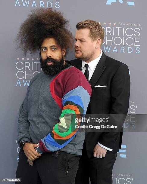 Comedian Reggie Watts and TV personality James Corden arrive at the 21st Annual Critics' Choice Awards at Barker Hangar on January 17, 2016 in Santa...