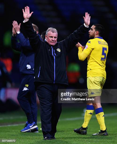 Steve Evans, manager of Leeds United celebrates his teams win over Bolton Wanderers during The Emirates FA Cup Fourth Round match between Bolton...