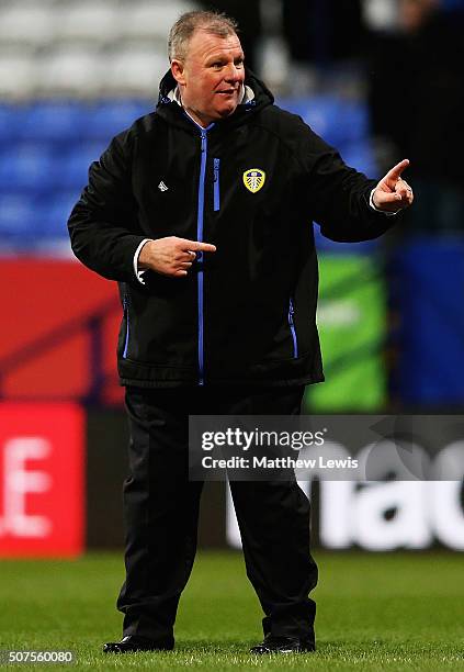 Steve Evans, manager of Leeds United celebrates his teams win over Bolton Wanderers during The Emirates FA Cup Fourth Round match between Bolton...