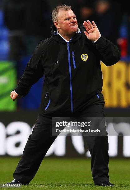 Steve Evans, manager of Leeds United celebrates his teams win over Bolton Wanderers during The Emirates FA Cup Fourth Round match between Bolton...