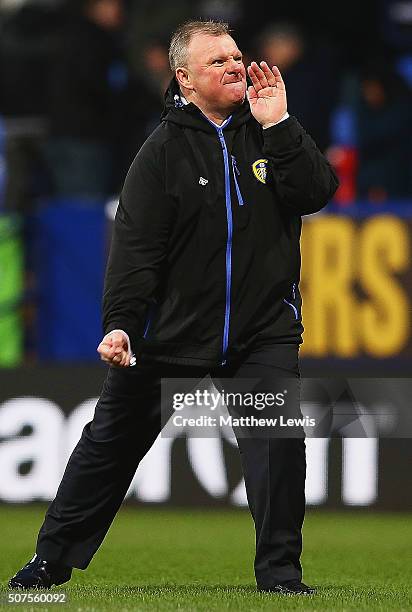 Steve Evans, manager of Leeds United celebrates his teams win over Bolton Wanderers during The Emirates FA Cup Fourth Round match between Bolton...