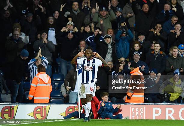 Saido Berahino of West Bromwich Albion celebrates scoring his team's second goal during the Emirates FA Cup Fourth Round match between West Bromwich...