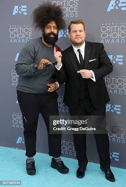 Comedian Reggie Watts and TV personality James Corden arrive at the 21st Annual Critics' Choice Awards at Barker Hangar on January 17, 2016 in Santa...