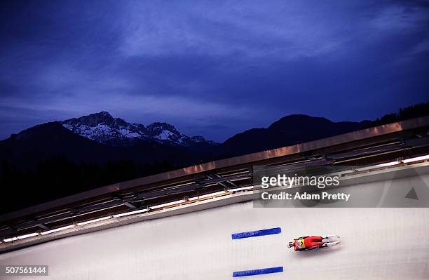 Madeline Egle of Austria completes her second run of the Women's Luge competition at Deutsche Post Eisarena Koenigssee on January 30, 2016 in...