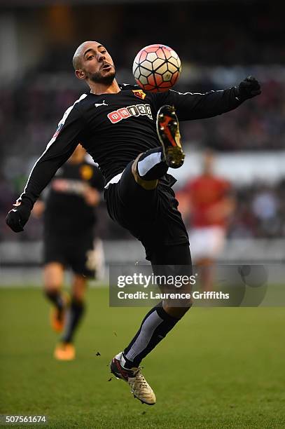 Adlene Guedioura of Watford controls the ball during The Emirates FA Cup fourth round between Nottingham Forest and Watford at City Ground on January...