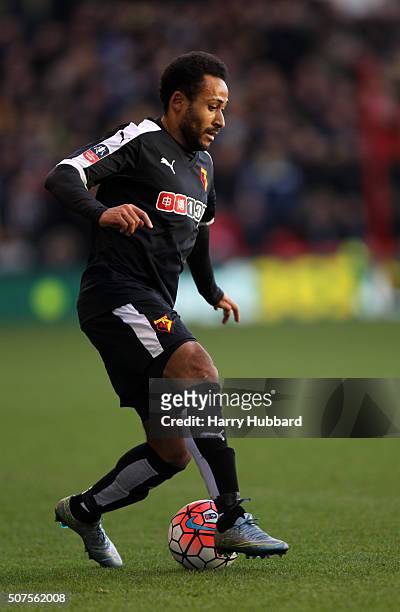 Ikechi Anya of Watford in action during the Emirates FA Cup Fourth Round match between Nottingham Forest and Watford at the City Ground on January...