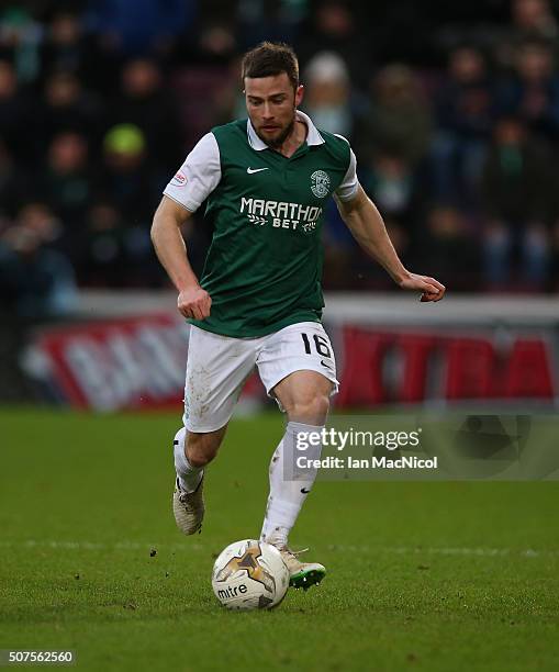 Lewis Stevenson of Hibernian controls the ball during the Scottish League Cup Semi final match between Hibernian and St Johnstone at Tynecastle...