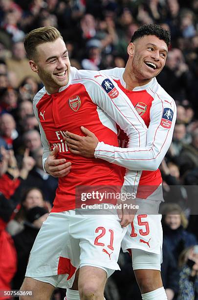 Calum Chambers celebrates scoring a goal for Arsenal with alex Oxlade-Chamberlain during the match between Arsenal and Burnley in the FA Cup 4th...