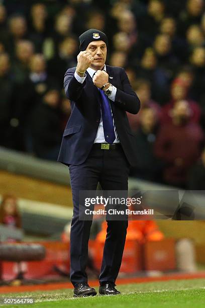 Slaven Bilic manager of West Ham United gestures during the Emirates FA Cup Fourth Round match between Liverpool and West Ham United at Anfield on...