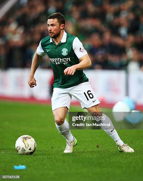 Lewis Stevenson of Hibernian controls the ball during the Scottish League Cup Semi final match between Hibernian and St Johnstone at Tynecastle...