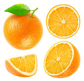 Collection of whole and cut oranges isolated on white