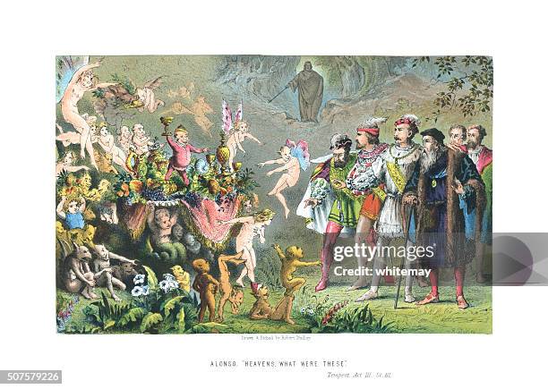 scene from 'the tempest' act 3 scene 3 - shakespeare actress stock illustrations
