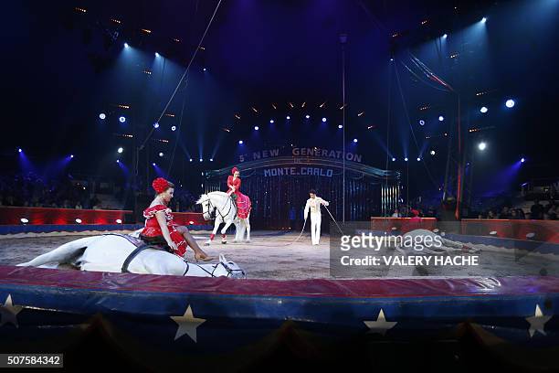 German performer Rene Casselly Jr performs with horses during the 5th New Generation circus competition for young artists in Monaco on January 30,...