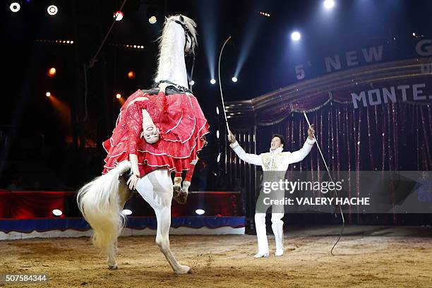 German performer Rene Casselly Jr performs with horses during the 5th New Generation circus competition for young artists in Monaco on January 30,...