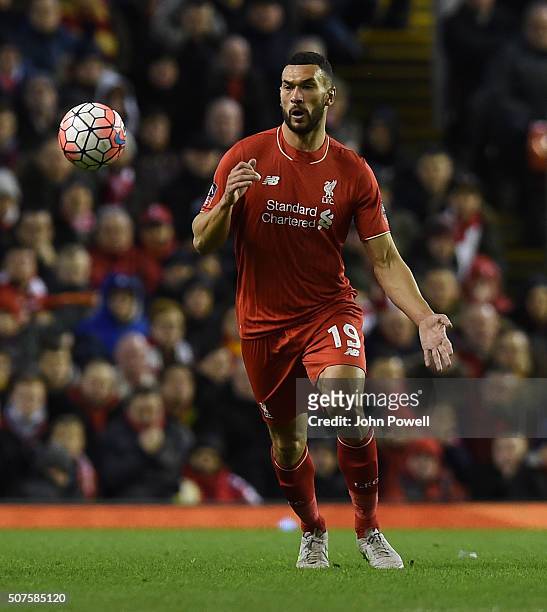 Steven Caulker of Liverpool in action during The Emirates FA Cup Fourth Round between Liverpool and West Ham United at Anfield on January 30, 2016 in...
