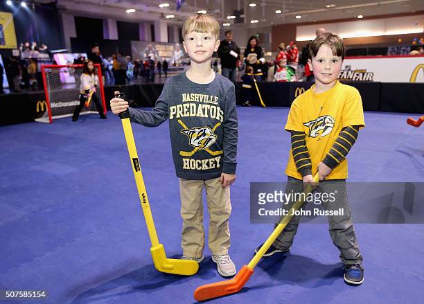 Young hockey fans play at the 2016 NHL All-Star NHL Fan Fair at the Music City Center as part of the 2016 NHL All-Star Weekend on January 29, 2016 in...