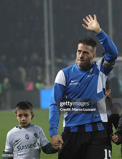 German Gustavo Denis of Atalanta BC salutes the fans for his last game with the Atalanta BC at the end of the Serie A match between Atalanta BC and...