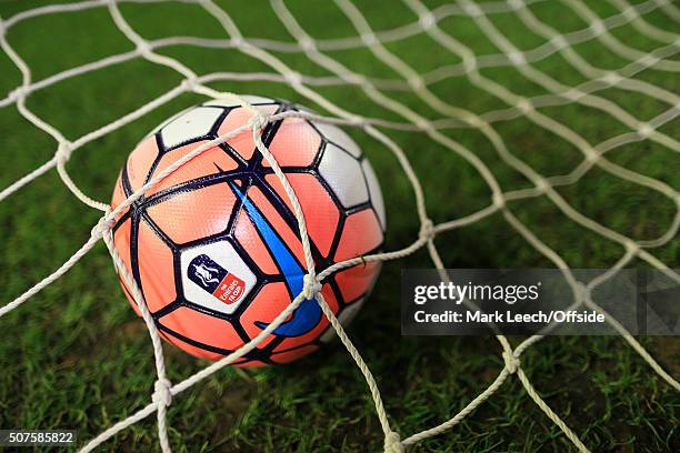 The Nike matchball sits in the goal net during the Emirates FA Cup Third Round Replay match between Liverpool and Exeter City at Anfield on January...