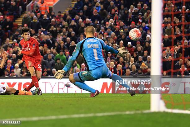 Joao Carlos Teixeira of Liverpool scores their 3rd goal during the Emirates FA Cup Third Round Replay match between Liverpool and Exeter City at...