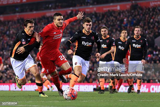 Tiago Ilori of Liverpool takes on the Exeter defence during the Emirates FA Cup Third Round Replay match between Liverpool and Exeter City at Anfield...