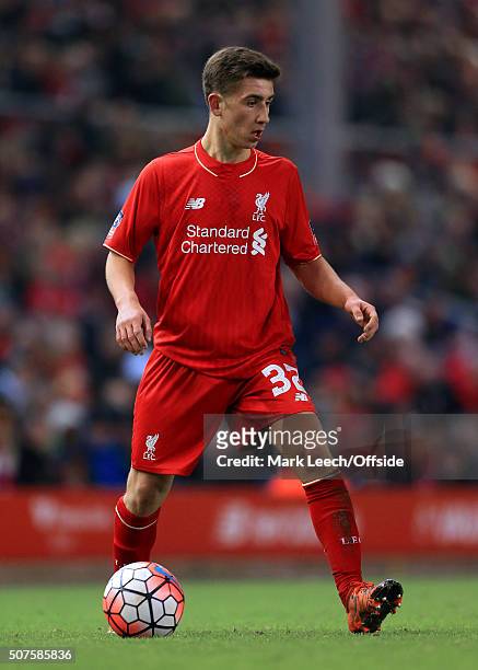 Cameron Brannagan of Liverpool in action during the Emirates FA Cup Third Round Replay match between Liverpool and Exeter City at Anfield on January...