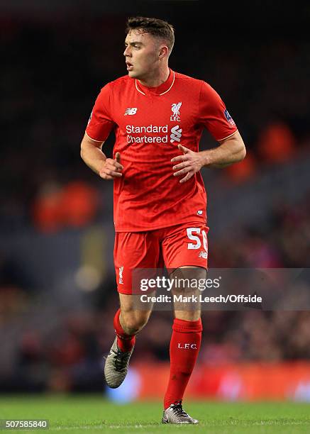 Connor Randall of Liverpool in action during the Emirates FA Cup Third Round Replay match between Liverpool and Exeter City at Anfield on January 20,...