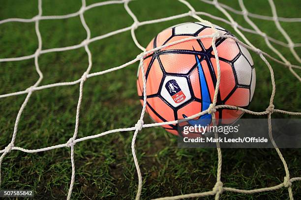 The Nike matchball sits in the goal net before the Emirates FA Cup Third Round Replay match between Liverpool and Exeter City at Anfield on January...