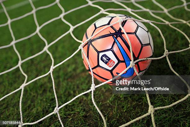 The Nike matchball sits in the goal net before the Emirates FA Cup Third Round Replay match between Liverpool and Exeter City at Anfield on January...