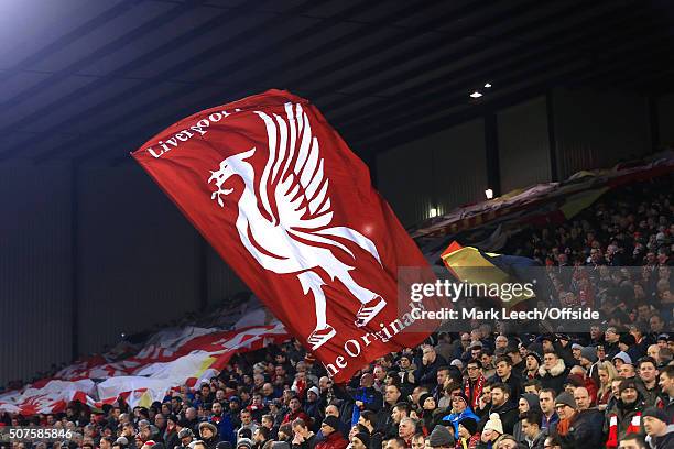 Flag of the Liver Bird is flown in The Kop during the Emirates FA Cup Third Round Replay match between Liverpool and Exeter City at Anfield on...