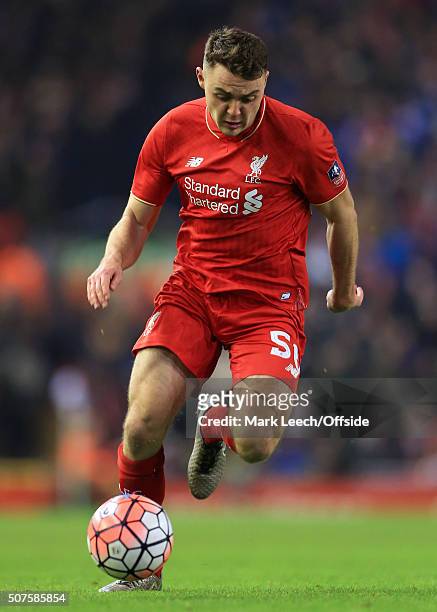 Connor Randall of Liverpool in action during the Emirates FA Cup Third Round Replay match between Liverpool and Exeter City at Anfield on January 20,...