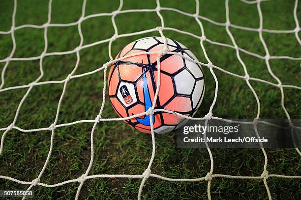 The Nike matchball sits in the goal net before the Emirates FA Cup Third Round Replay match between Liverpool and Exeter City at Anfield on January...