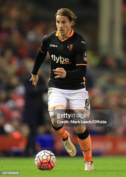 Christian Ribeiro of Exeter in action during the Emirates FA Cup Third Round Replay match between Liverpool and Exeter City at Anfield on January 20,...