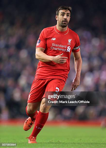 Jose Enrique of Liverpool in action during the Emirates FA Cup Third Round Replay match between Liverpool and Exeter City at Anfield on January 20,...