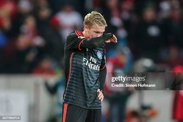 Artjoms Rudnevs of Hamburg reacts during the Bundesliga match between VfB Stuttgart and Hamburger SV at Mercedes-Benz Arena on January 30, 2016 in...