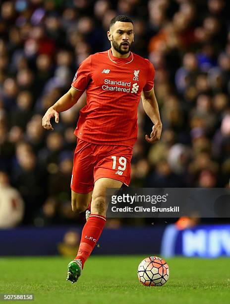 Steven Caulker of Liverpool in action during The Emirates FA Cup Fourth Round match between Liverpool and West Ham United at Anfield on January 30,...