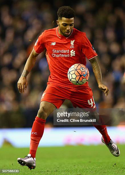 Jerome Sinclair of Liverpool in action during The Emirates FA Cup Fourth Round match between Liverpool and West Ham United at Anfield on January 30,...