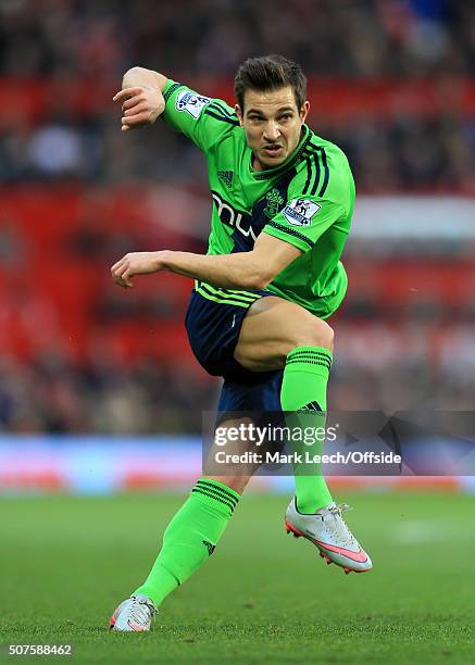 Cedric Soares of Southampton shoots during the Barclays Premier League match between Manchester United and Southampton at Old Trafford on January 23,...
