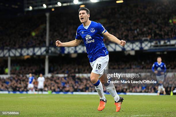 Gareth Barry of Everton celebrates after scoring their 1st goal during the Barclays Premier League match between Everton and Swansea City at Goodison...