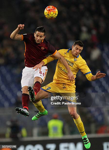 Kostas Manolas of AS Roma competes for the ball with Daniel Ciofani of Frosinone Calcio during the Serie A match between AS Roma and Frosinone Calcio...