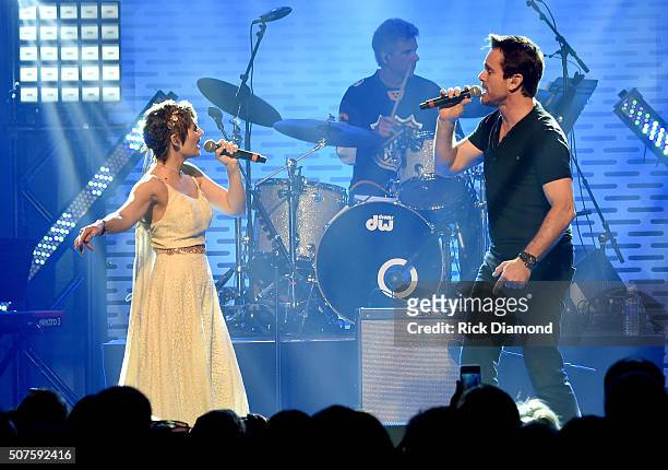 Clare Bowen and Charles Esten of ABC's "Nashville" perform onstage during the 2016 NHL All-Star Fan Fair - Day 3 on January 30, 2016 in Nashville,...