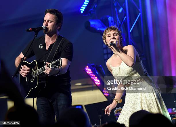 Charles Esten and Clare Bowen of ABC's "Nashville" perform onstage during the 2016 NHL All-Star Fan Fair - Day 3 on January 30, 2016 in Nashville,...